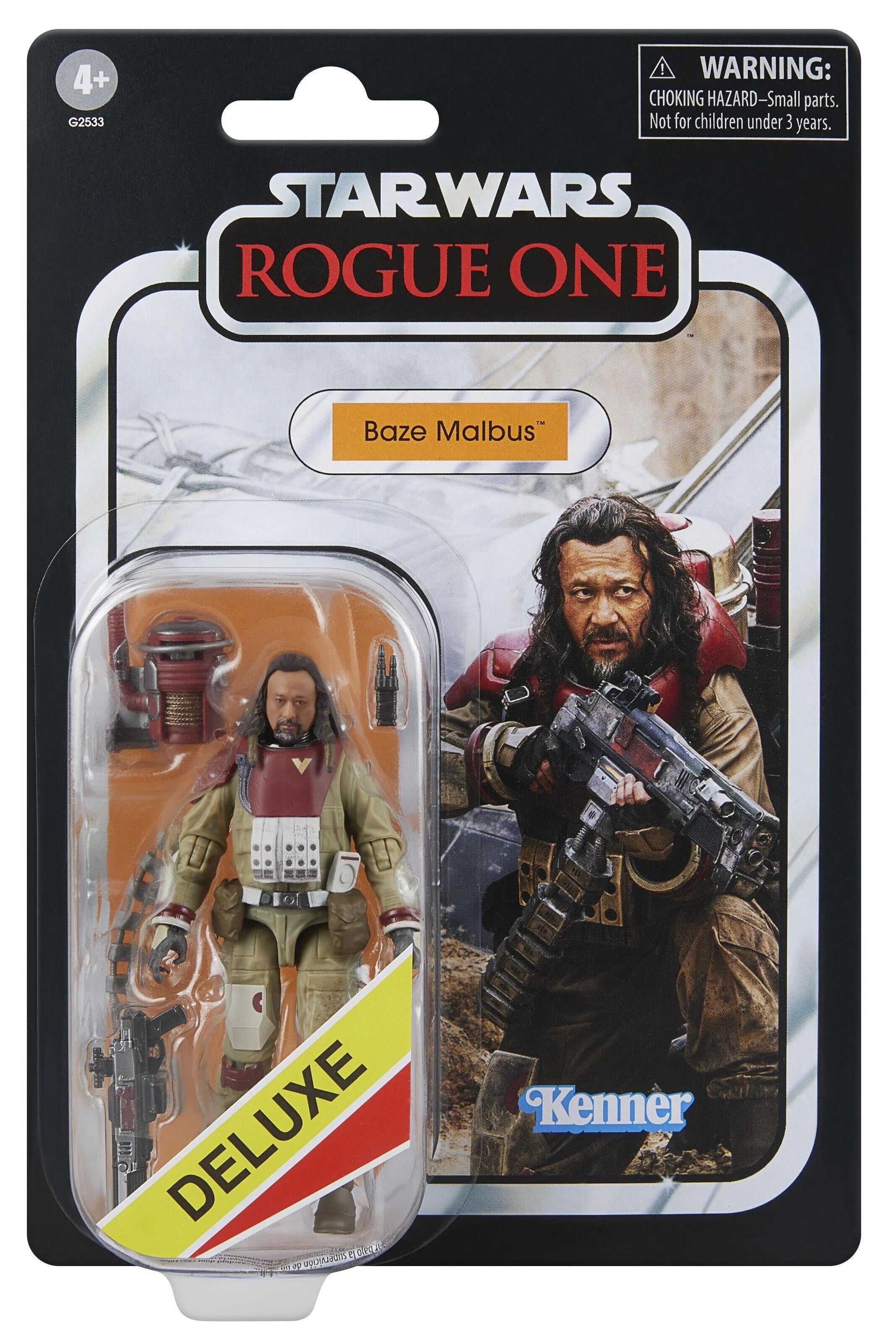 Star Wars Rogue One Baze Malbus action figure packaging with Kenner branding.